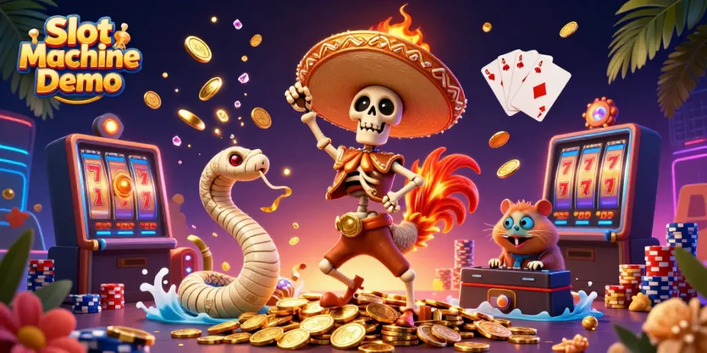 Slot Machine Demo scene with a colorful skeleton mariachi rooster celebrating amidst gold coins and dynamic game elements.