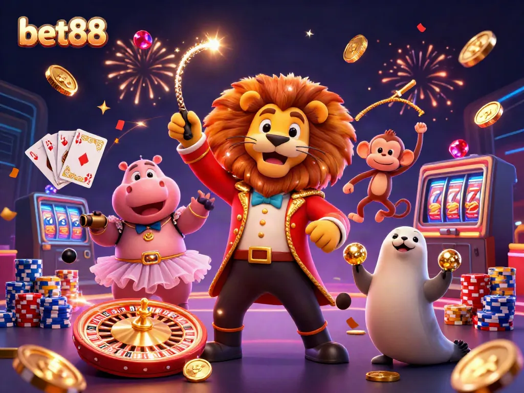Experience vibrant gaming energy with bet88 featuring lively cartoon characters and casino elements.