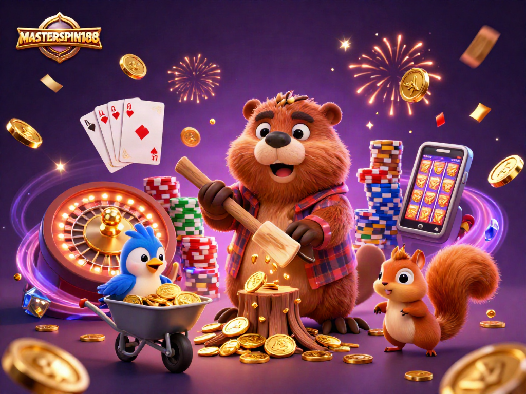Experience the thrill of gaming with MASTERSPIN188 featuring a lively beaver, bird, and squirrel collecting coins.