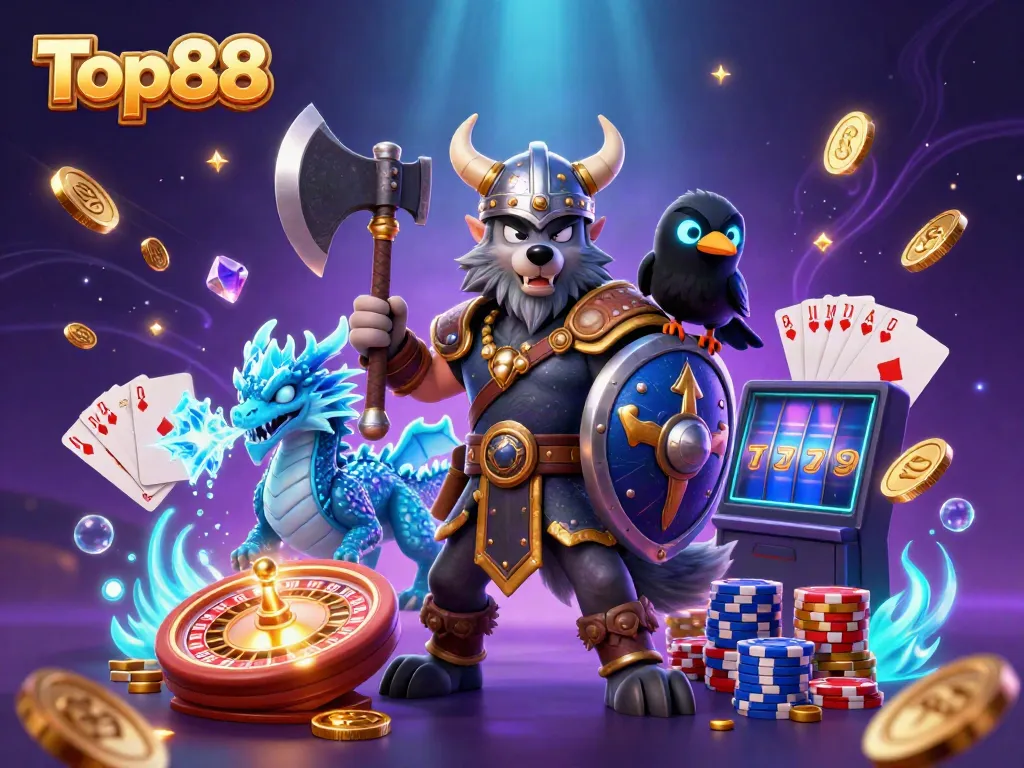 Experience the thrill of Top88 with a Viking wolf and dragon amidst casino elements!