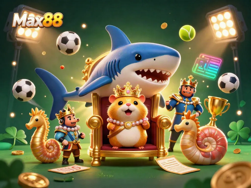 Max88 king hamster rules the gambling arena surrounded by sports elements and dynamic action.