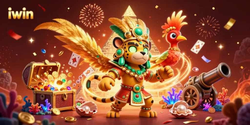 Play exciting games with iwin's vibrant Mayan-themed casino adventure illustration, filled with energy.
