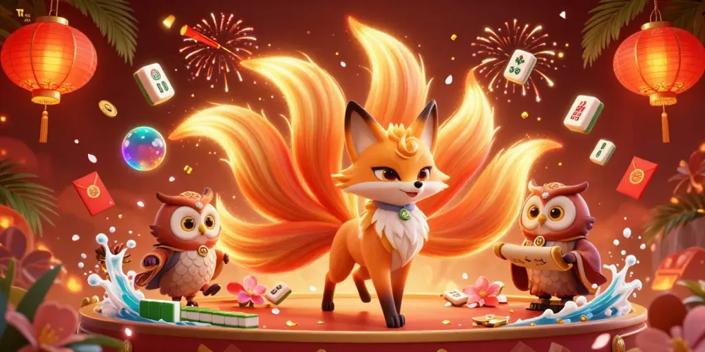 Experience Tài xỉu excitement with a glowing fox spirit, wise owl sage, and festive casino decor.