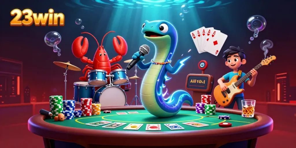 23win showcases an underwater casino with vibrant characters including an electric eel DJ, enhancing gambling excitement.