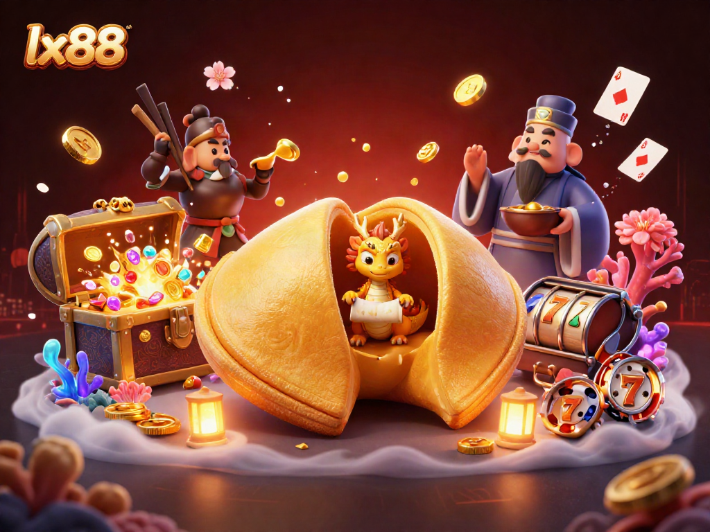 Engage with lx88’s thrilling casino adventure featuring a golden fortune cookie, dragon, and poker action!