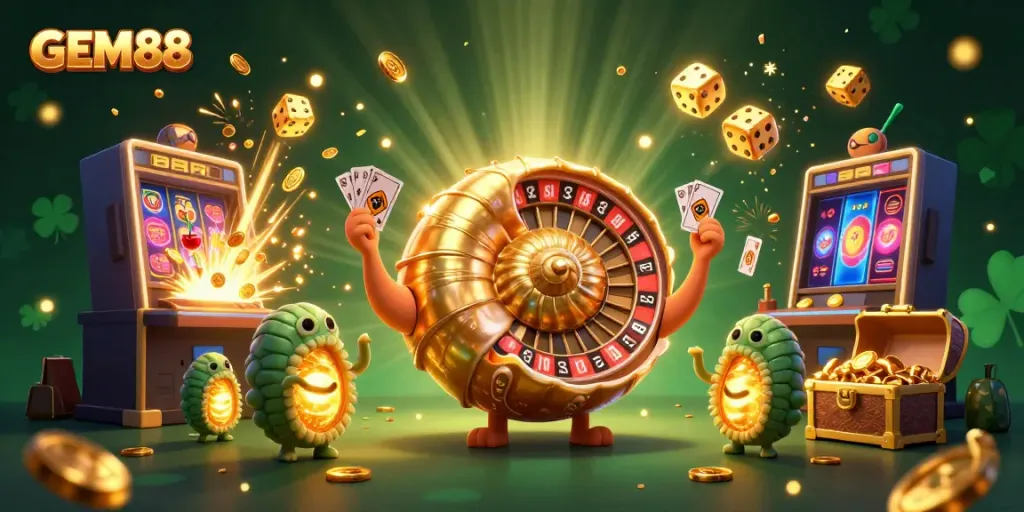 Experience GEM88 with a vibrant 3D scene featuring casino elements, a giant nautilus, and a jackpot explosion.