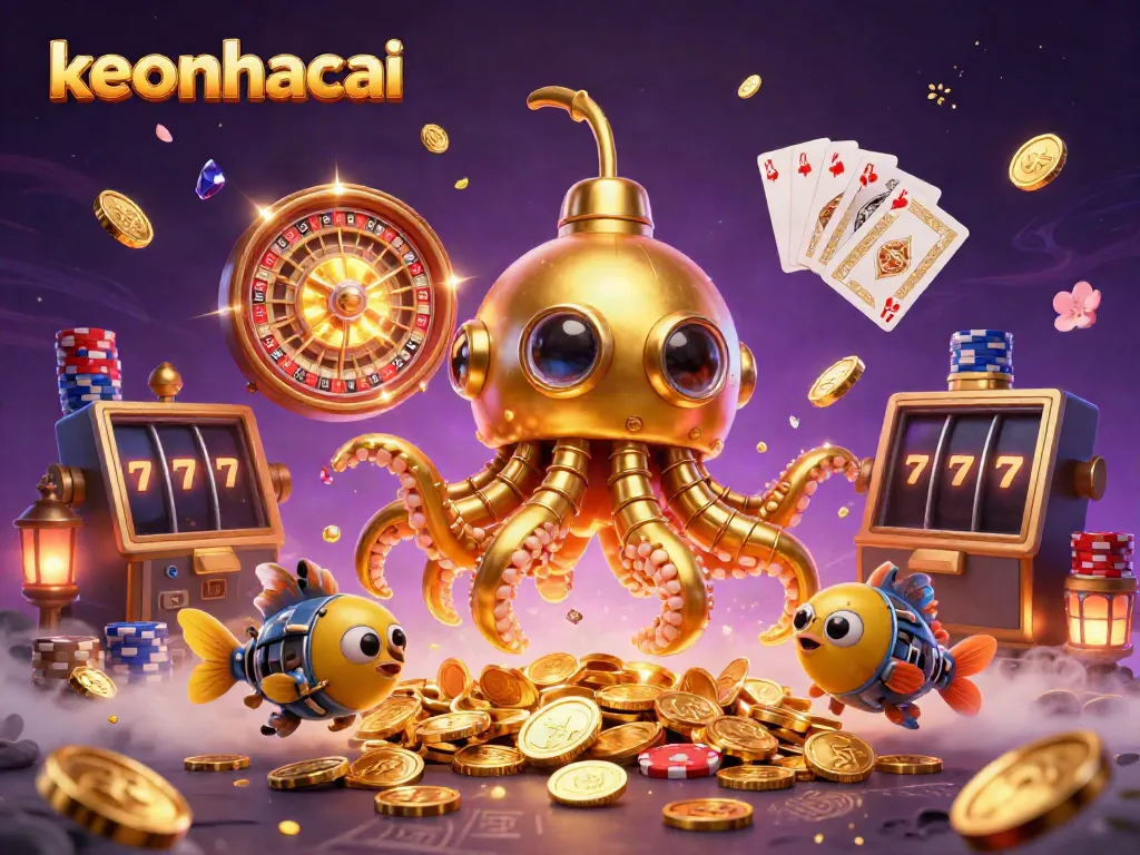 Experience action at keonhacai with a golden kraken submarine surrounded by winning casino elements.