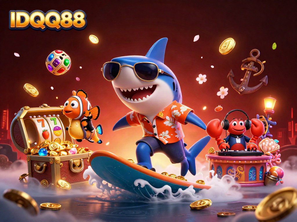 Experience fun gaming with IDQQ88 featuring playful sea characters in a vibrant casino scene.