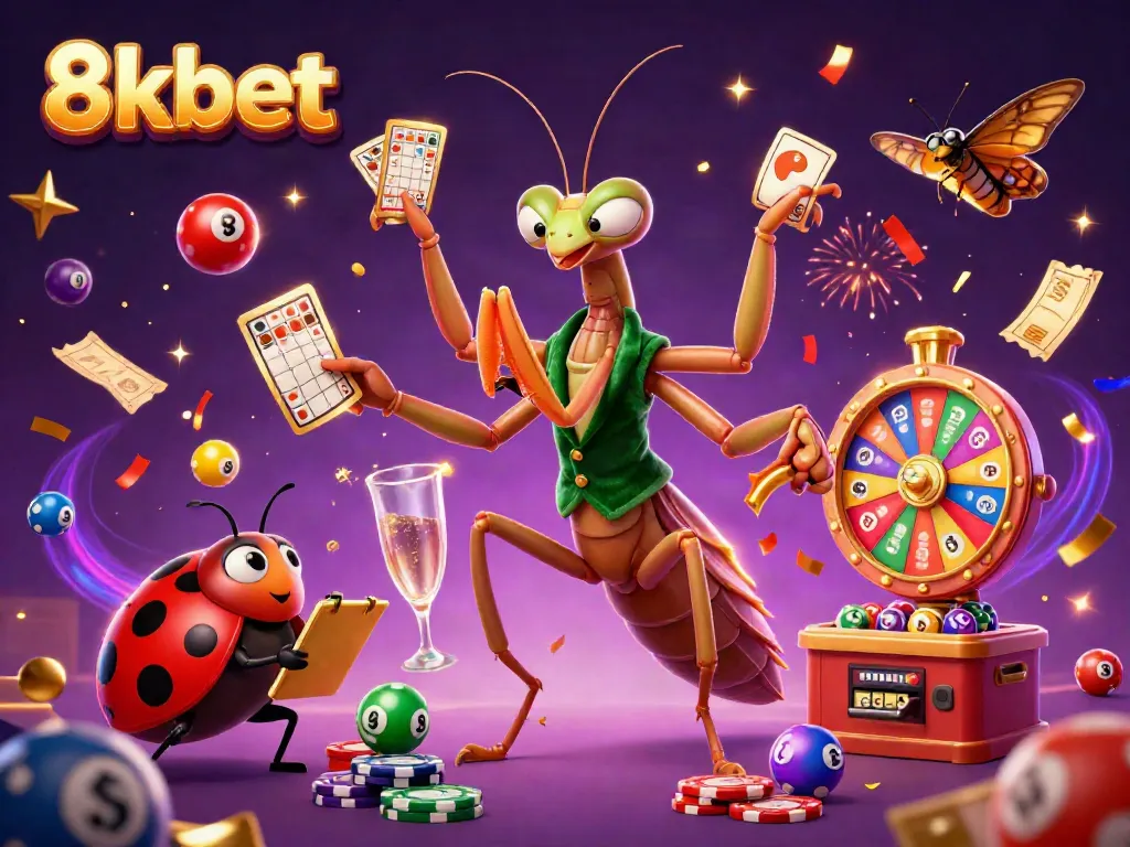 Experience 8xbet's vibrant online gaming with a lively casino scene featuring a mantis dealer and ladybug pit boss.
