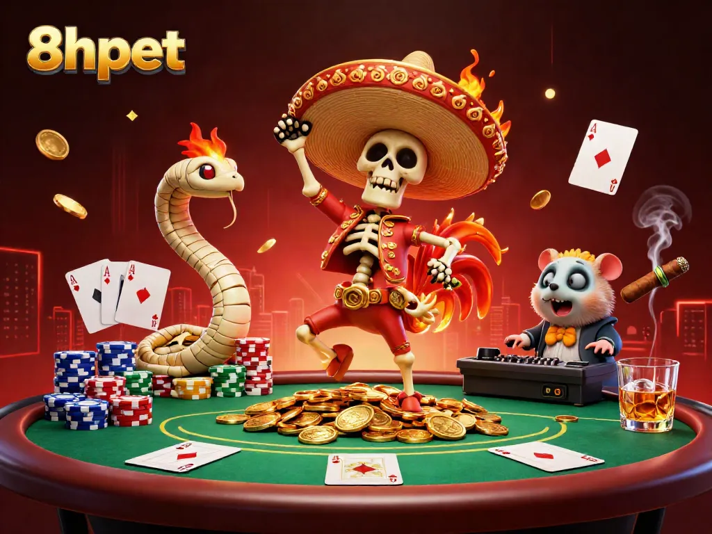 8xbet brings excitement to life with vibrant characters dancing in a casino-inspired scene filled with poker action.