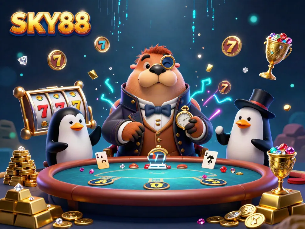 Experience thrilling poker gameplay at SKY88 with vibrant 3D characters and dazzling casino riches.