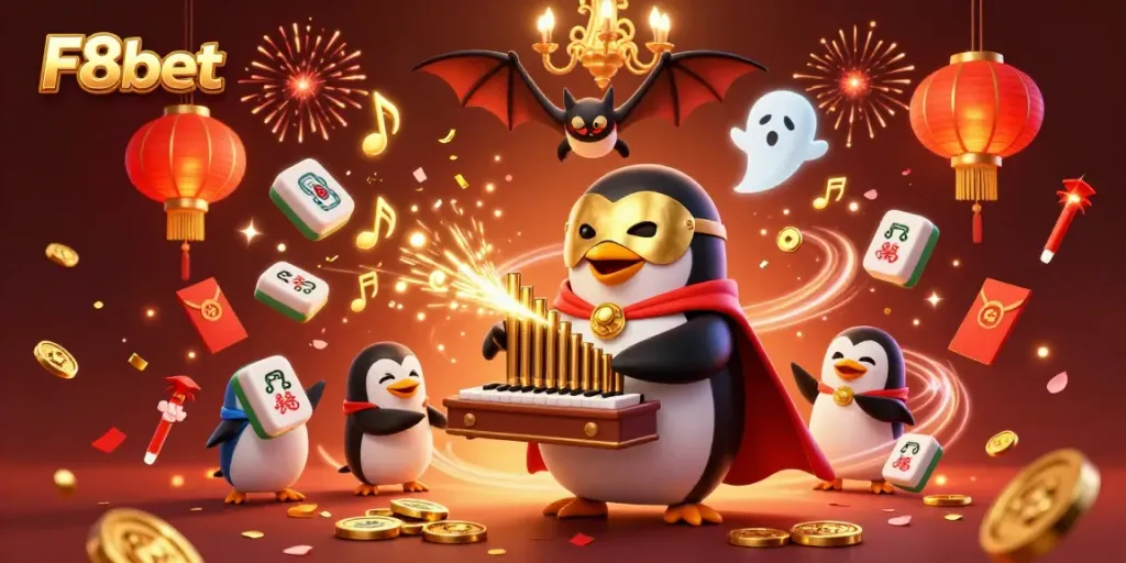F8bet showcasing a vibrant casino scene with a cartoon penguin playing an organ, surrounded by festive decorations.