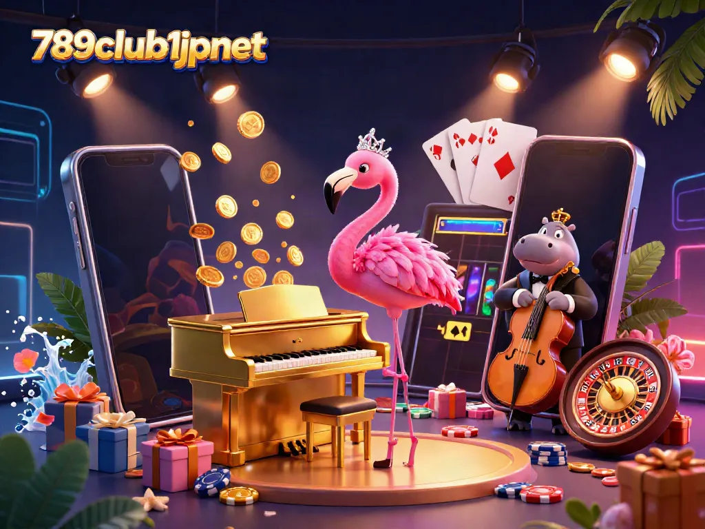 Engage with 789club1jpnet's vibrant casino atmosphere featuring lively characters amidst dazzling gambling elements.