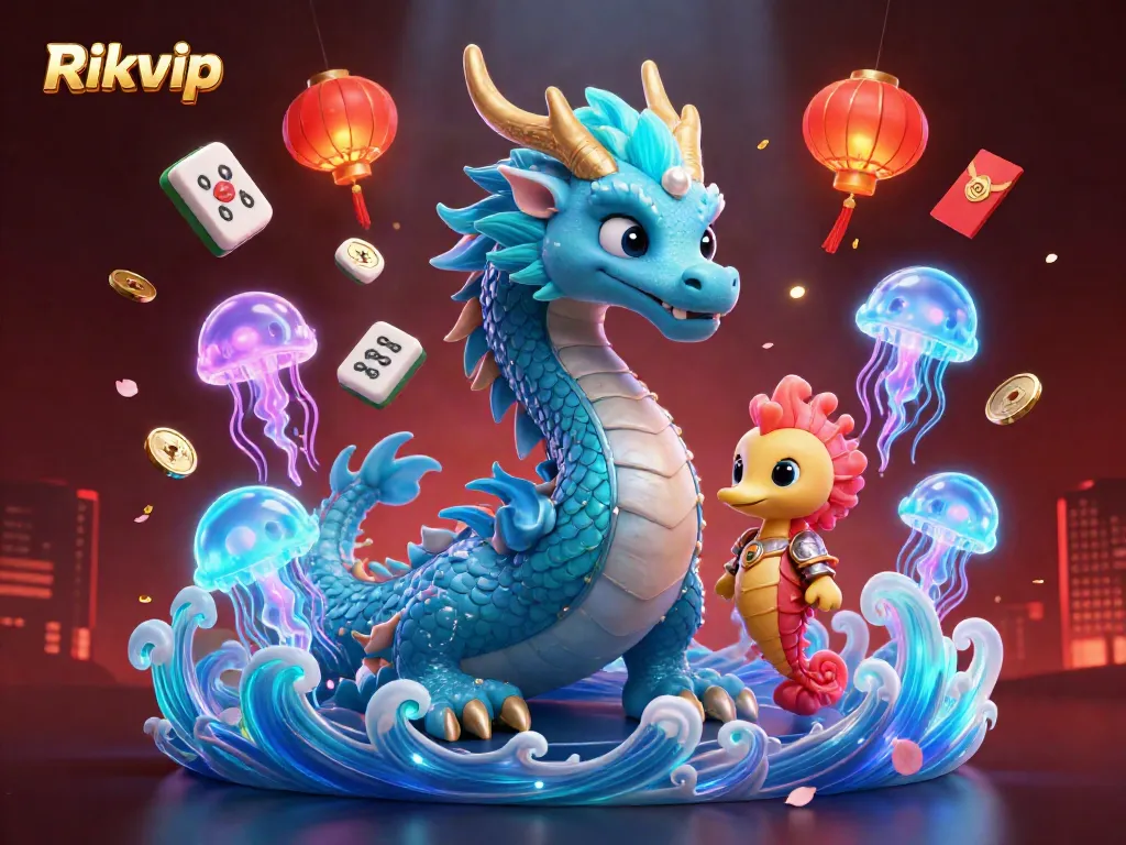 Experience the excitement of Rikvip with a vibrant 3D casino illustration depicting magical creatures and game elements.
