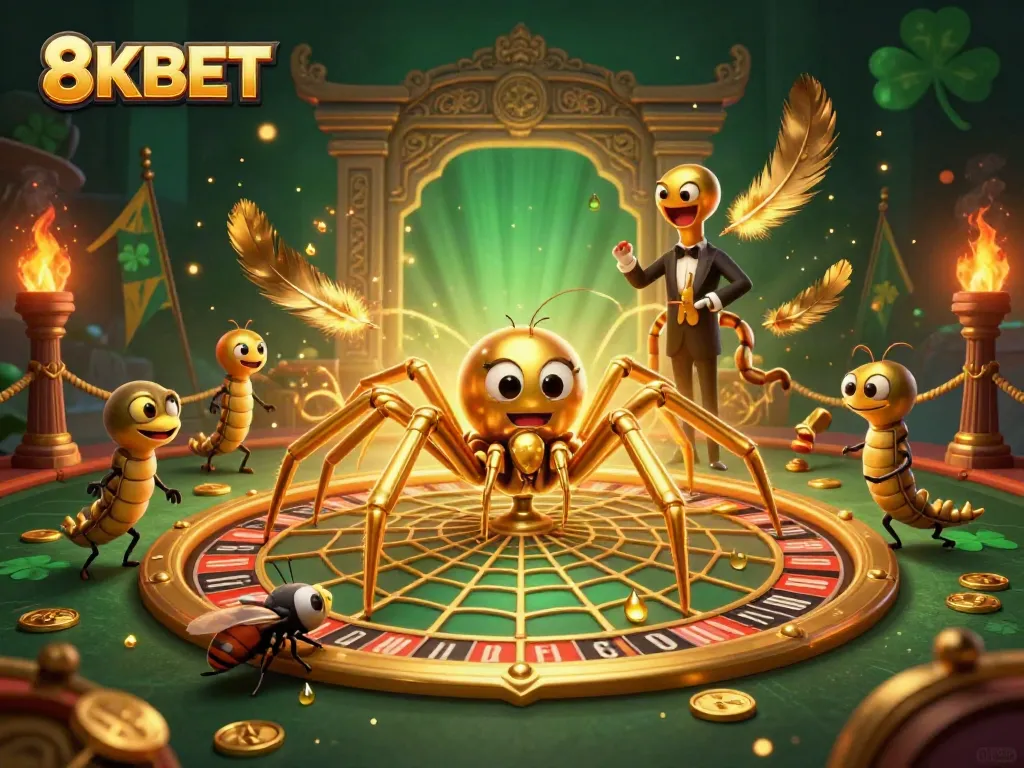 Players engaging with 8KBET’s dynamic casino scene featuring a golden spider and a centipede croupier.