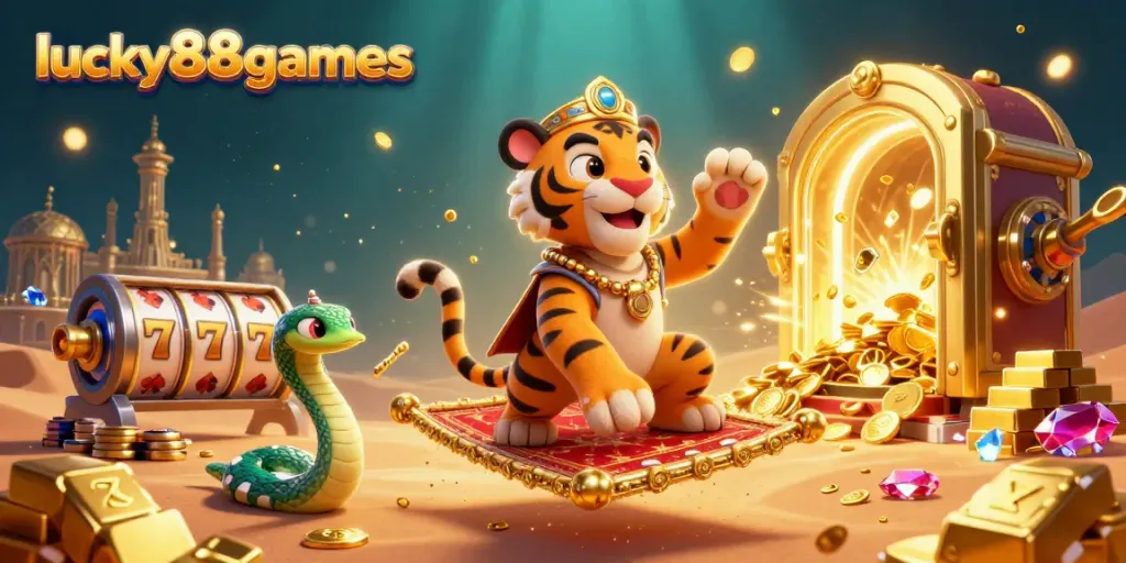 Engage in thrilling gameplay at lucky88games with a vibrant Arabian Nights scene showcasing a tiger sultan and slot reels.