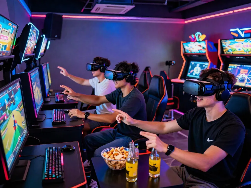 Exciting gaming action at garuda404 virtual reality arcade with friends engaged.