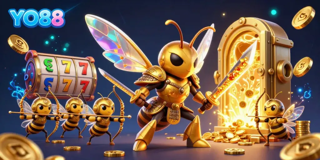 Join the excitement with YO88's vibrant 3D gaming scene featuring samurai-hornet warriors and slots adventures.