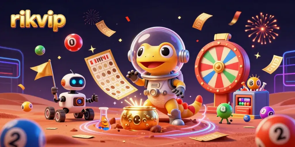 rikvip showcases a Martian gecko discovering a hidden casino with dynamic lottery elements.
