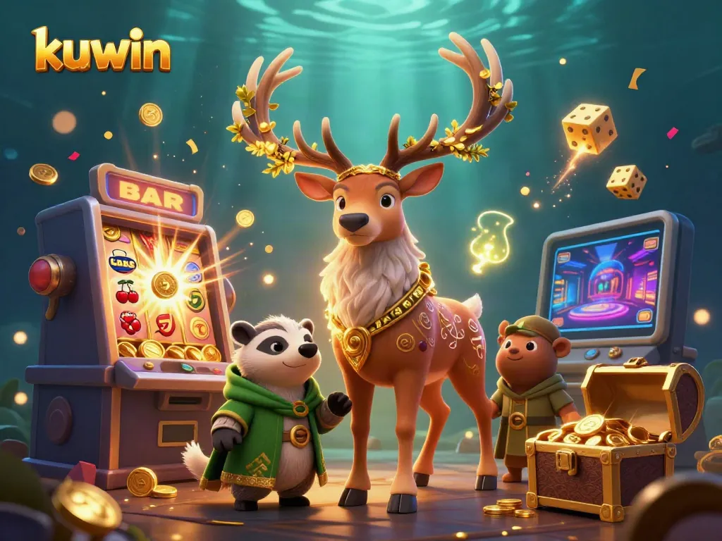 Experience the thrill of winning at Kuwin with a rich array of casino elements and characters celebrating a jackpot.
