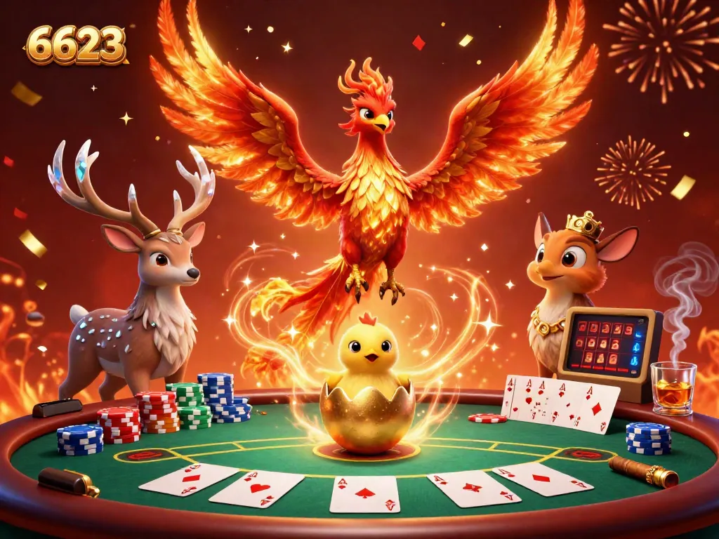 Experience the exhilarating world of 6623 online casino with vibrant phoenix characters amidst poker action.
