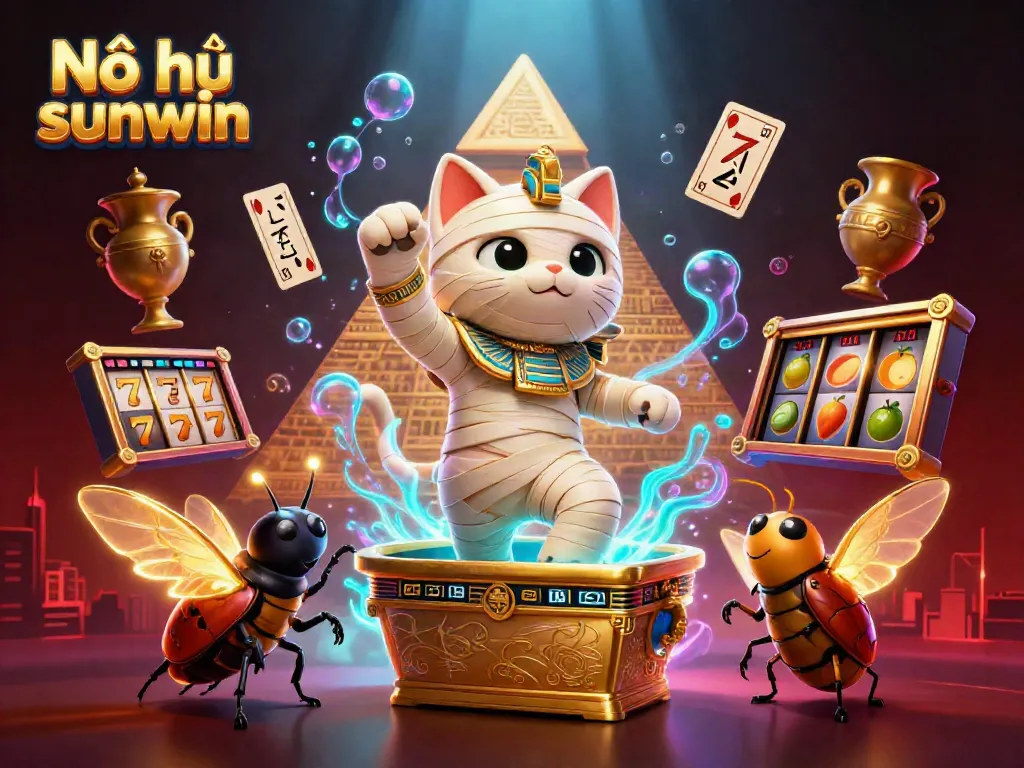 Engage with Nổ hũ sunwin in a vibrant casino scene featuring an Egyptian mummy cat, scarab beetle, and slot symbols.