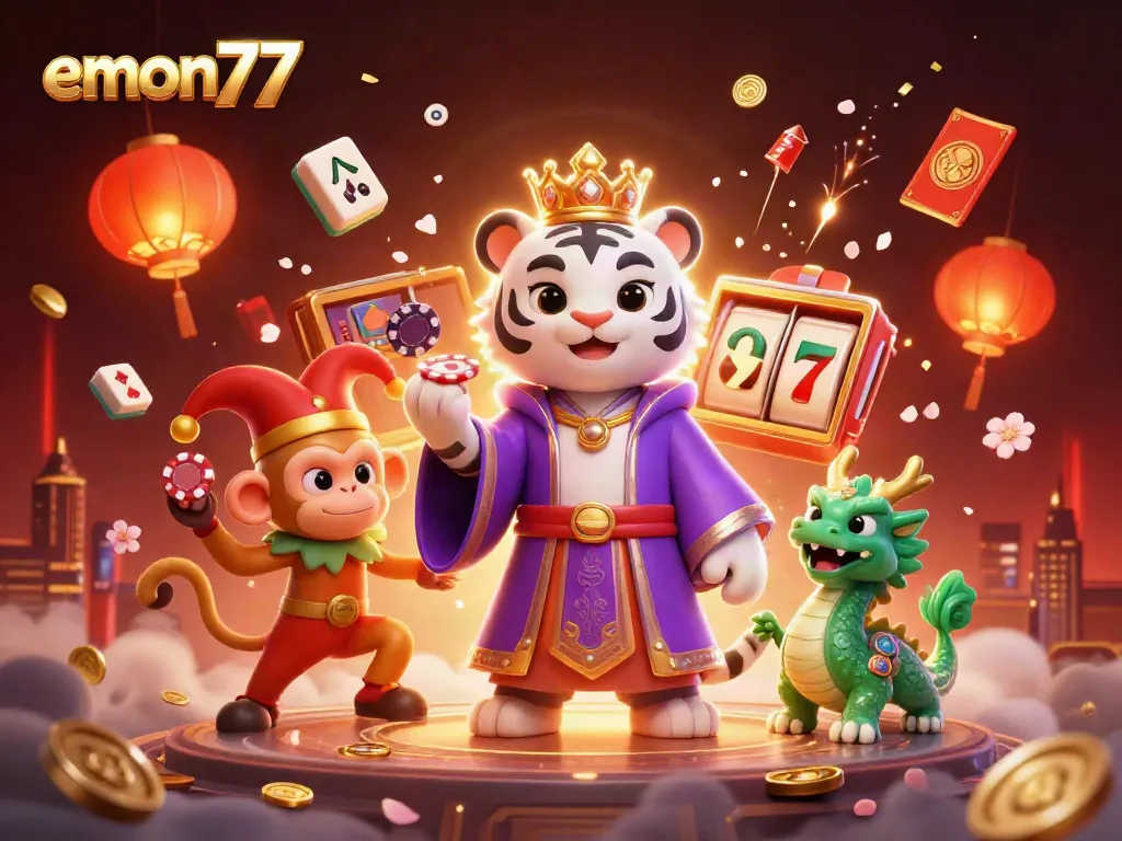 Experience emon77 excitement with a dynamic casino scene featuring characters and slot game elements.