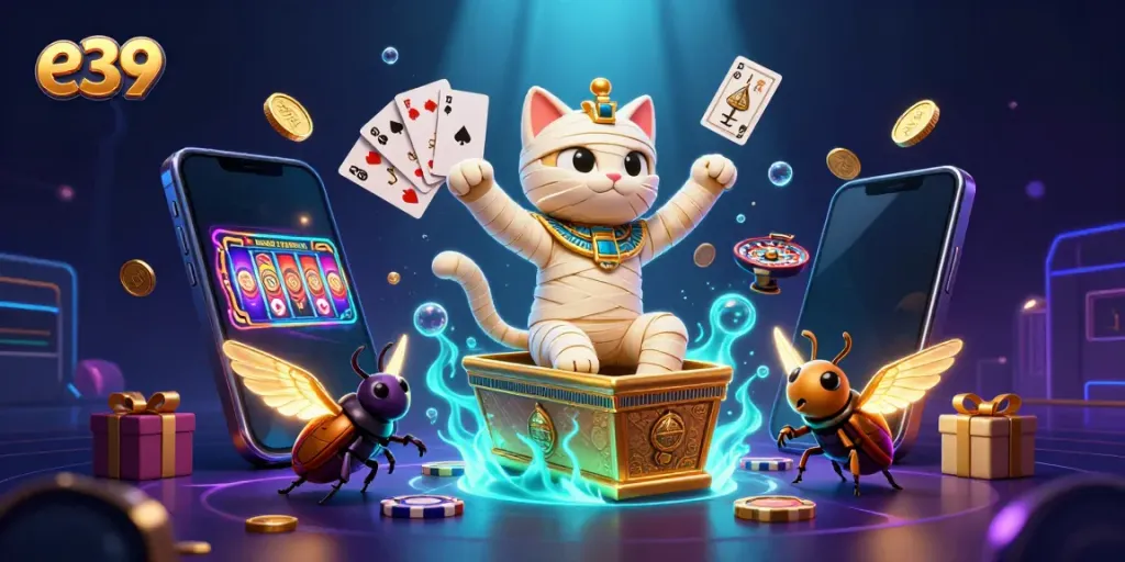 Experience thrilling e39 gameplay with an Egyptian mummy cat and a scarab beetle amidst rich casino elements.