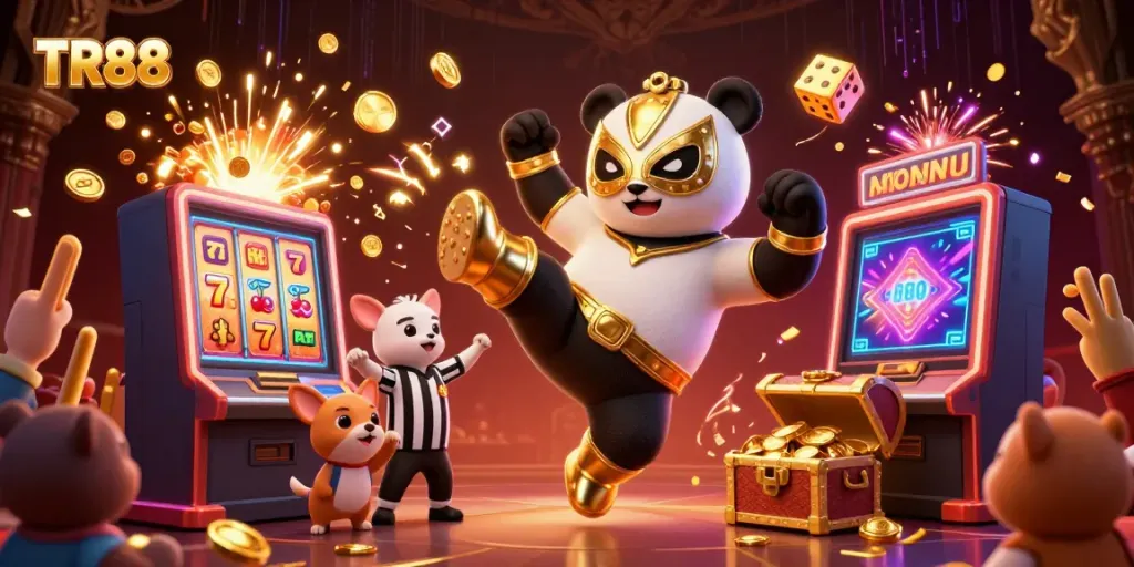 Engage in thrilling gaming with TR88's vibrant casino scene featuring animated characters and exciting rewards.