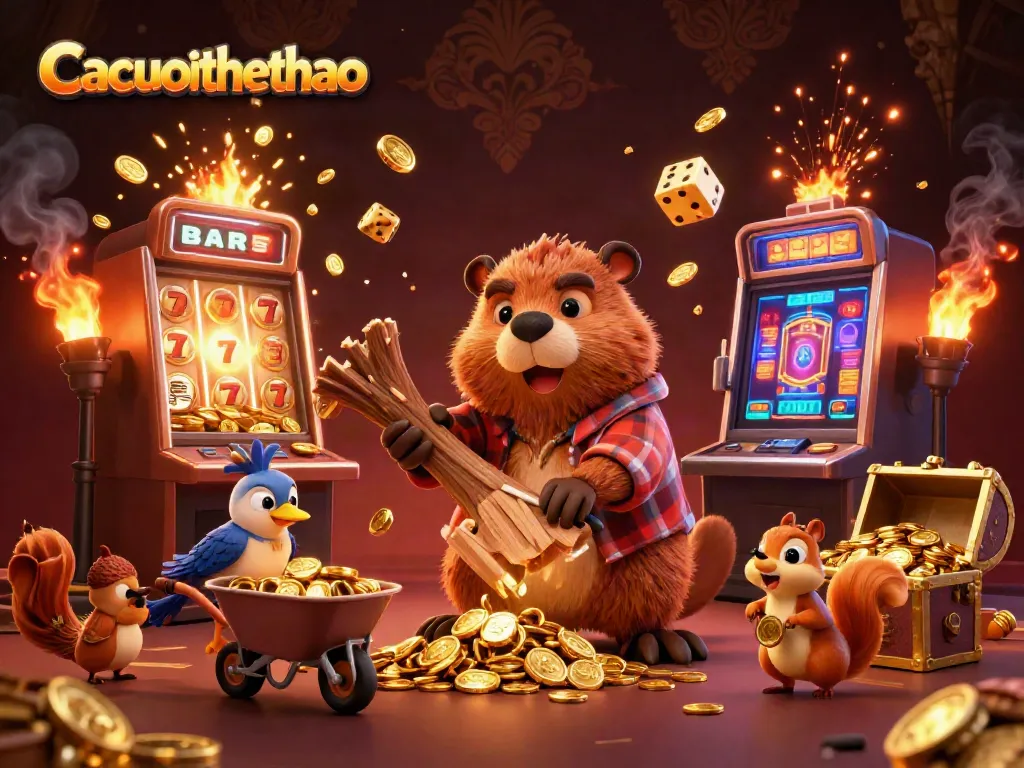 Cacuocthethao showcases a vibrant 3D scene of a beaver character chopping a tree raining gold coins in a lively casino atmosphere.