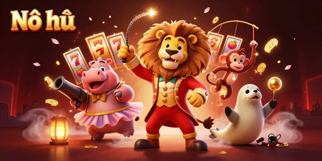Nổ hũ slot game illustration with a circus lion, hippo, monkey, and seal amidst colorful reels and fruits.
