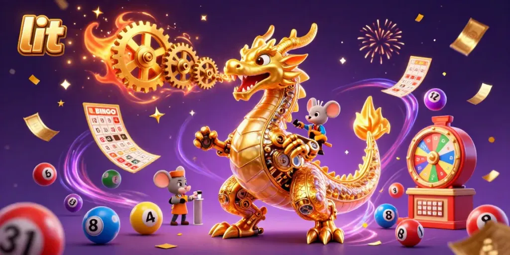 Experience lit excitement as a golden dragon unleashes fortune with lottery balls and prizes.