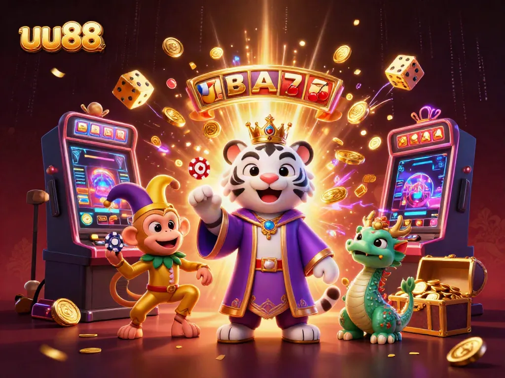 uu88 casino scene featuring a regal white tiger, playful monkey, and jade dragon amid a jackpot explosion