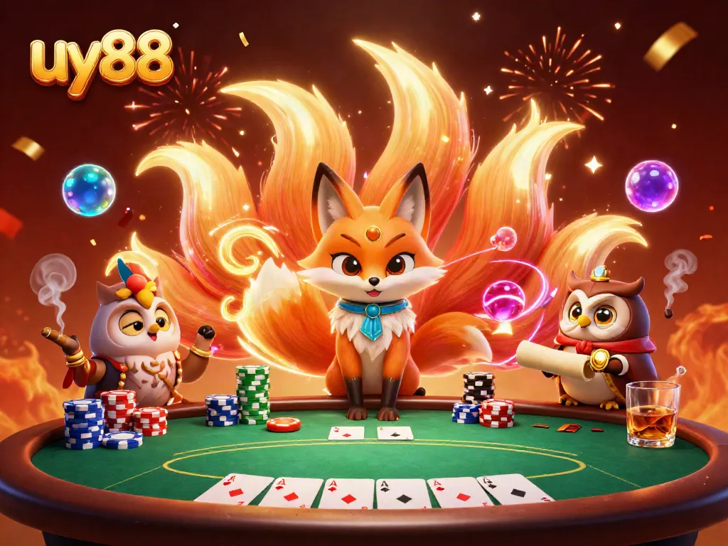 Experience the magic of uy88 with our vibrant casino-themed illustration featuring poker elements and playful spirits.