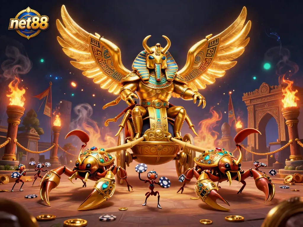 Experience thrilling gameplay at net88 with a dynamic illustration of a colossal golden scarab beetle and scorpions.
