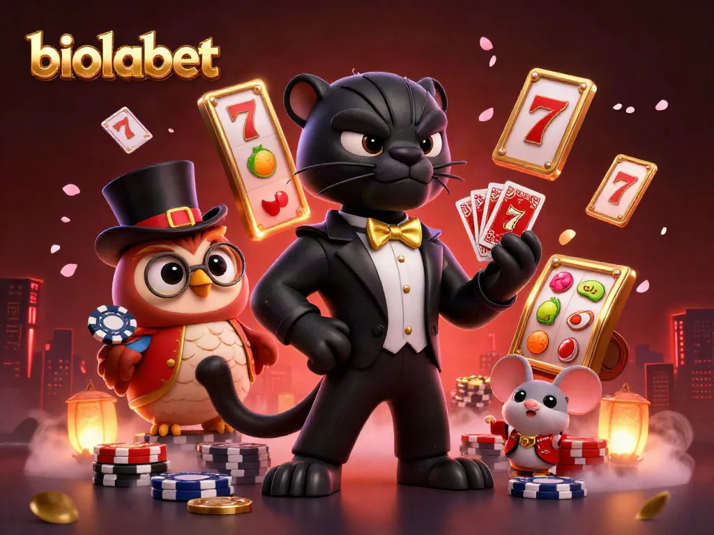 Engage with biolabet's lively casino atmosphere featuring a tuxedoed panther and friends enjoying slots.