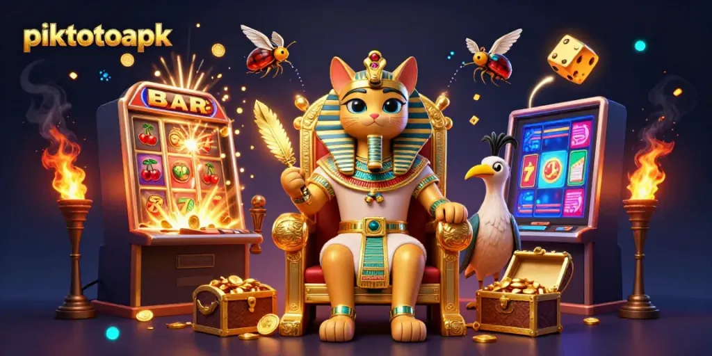 Experience piktotoapk with a vibrant 3D cartoon scene featuring a pharaoh cat and dynamic casino elements.
