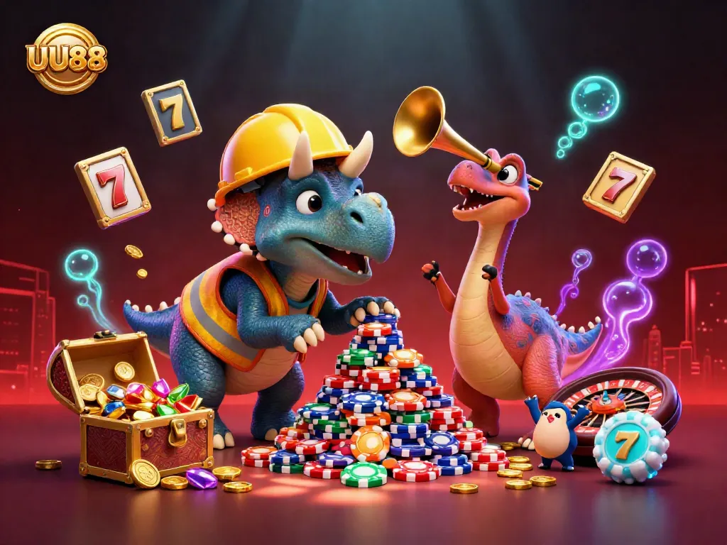 Spin the reels at UU88 with a scene depicting vibrant 3D characters celebrating casino gaming.