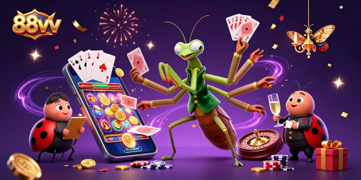 Experience the excitement of 88vv with a lively casino scene featuring card games and celebrations.