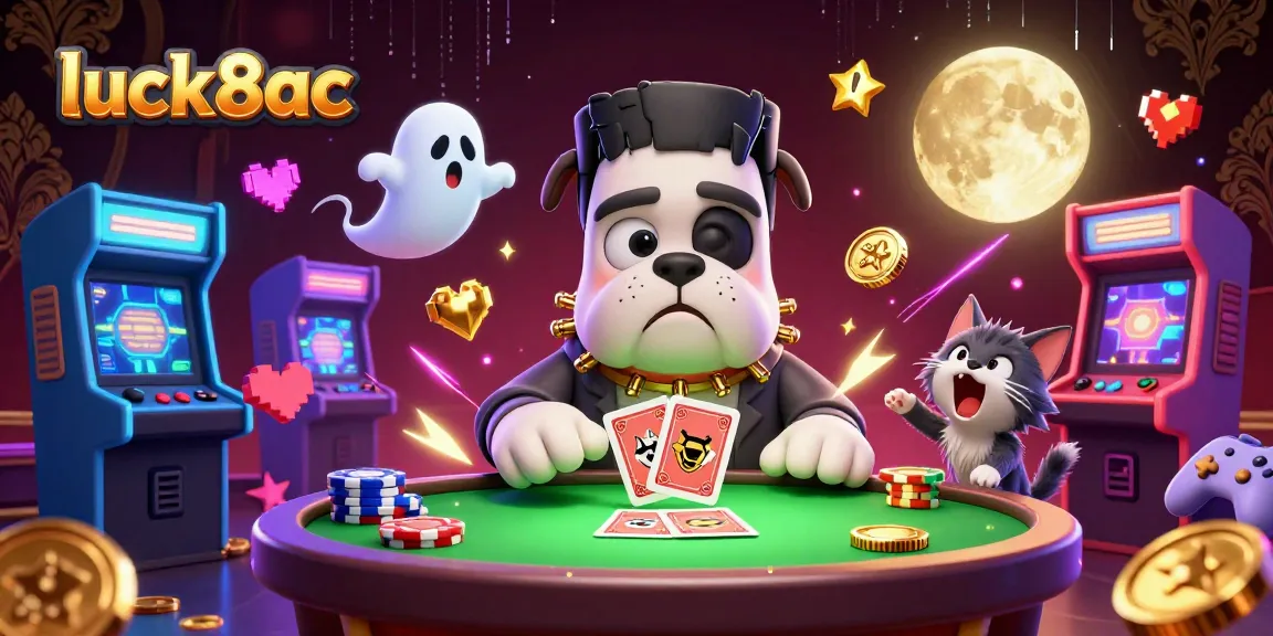 luck8ac engages players with a 3D cartoon illustration featuring a bulldog monster dealing cards at a spooky casino table.