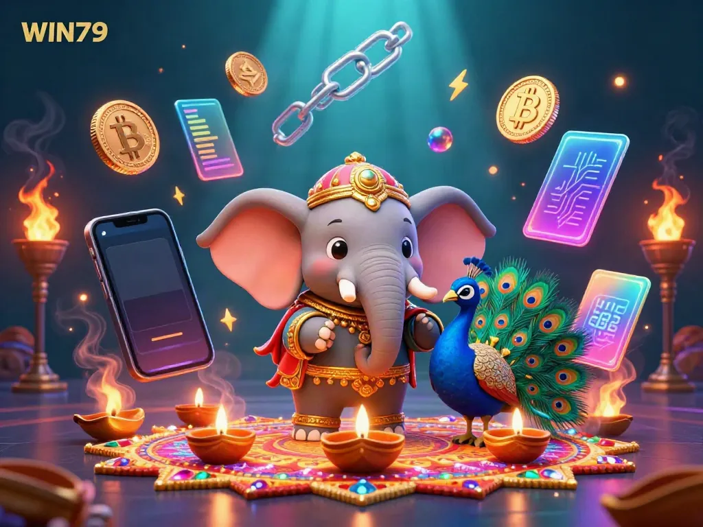 Experience the vibrant excitement of WIN79 casino games with our colorful 3D illustration featuring themed characters and crypto elements.