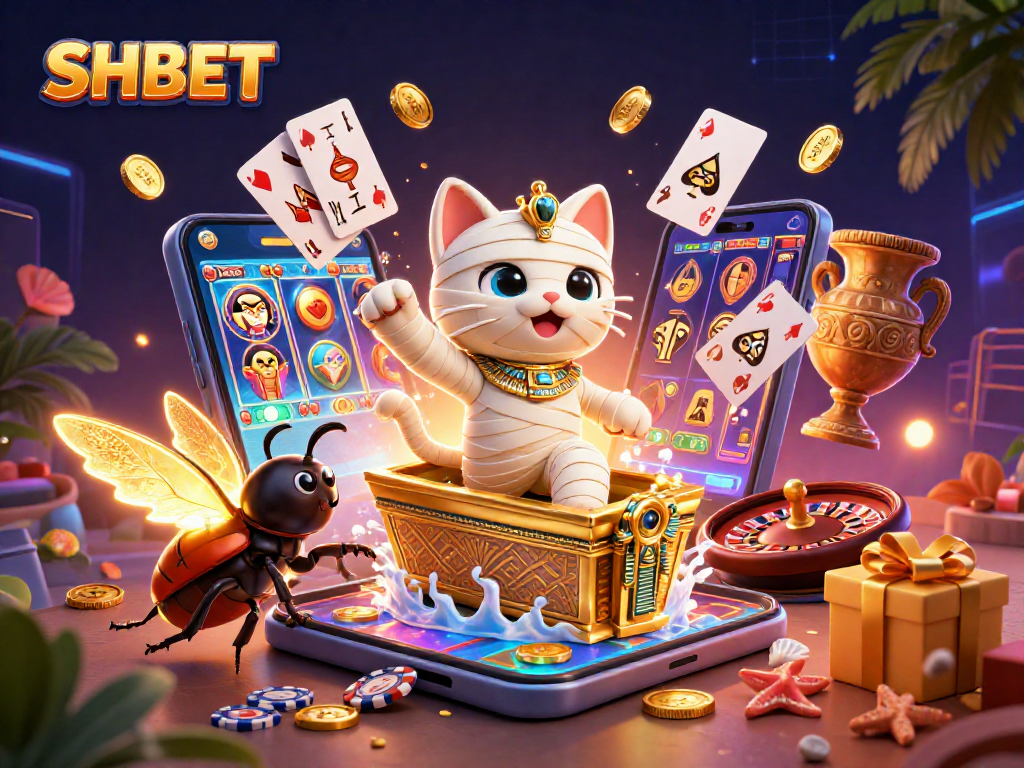 Experience exhilarating gaming with SHBET's vibrant casino world featuring a mummy cat and high-stakes action.
