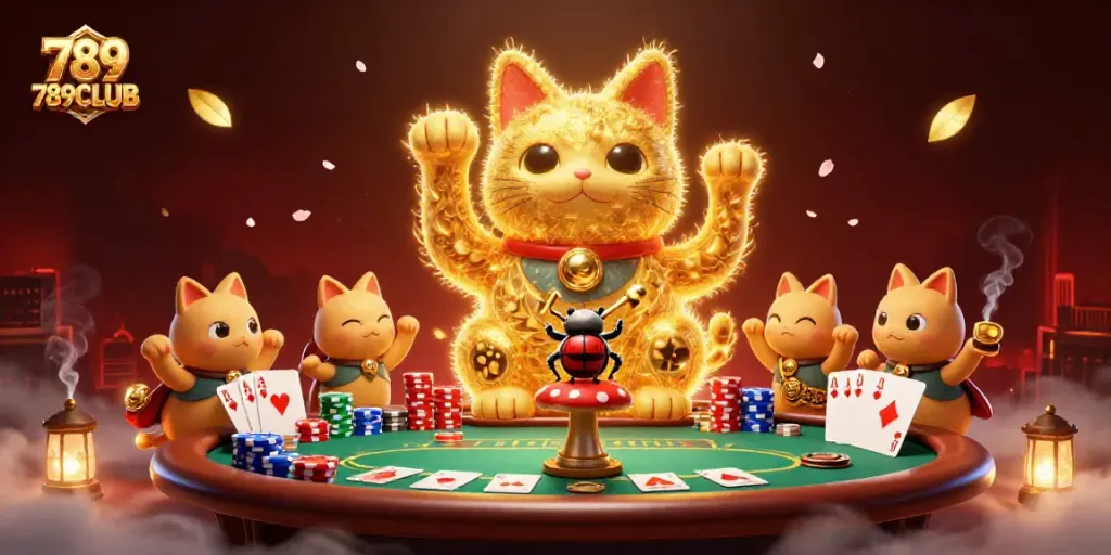 Join the excitement of 789CLUB with a vibrant illustration of a lucky cat and casino elements.