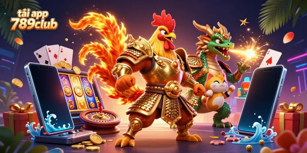 Engage with the vibrant world of tải app 789club through this dynamic 3D illustration filled with exciting gaming elements.
