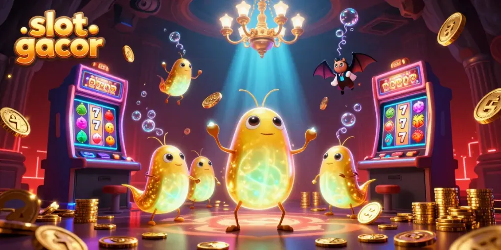 Slot gacor dengan karakter lucu bercahaya di kasino gua yang berwarna-warni.