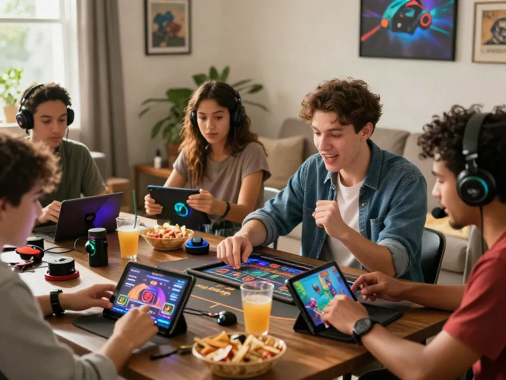 Players enjoying lumbung88 gaming experience at home, showcasing vibrant atmosphere and excitement.