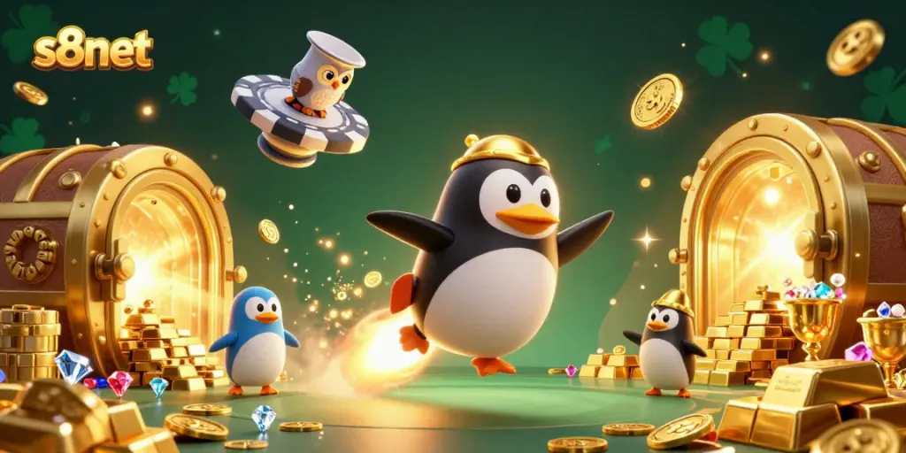 S8net showcases a golden penguin journeying through space, amid vibrant casino elements.