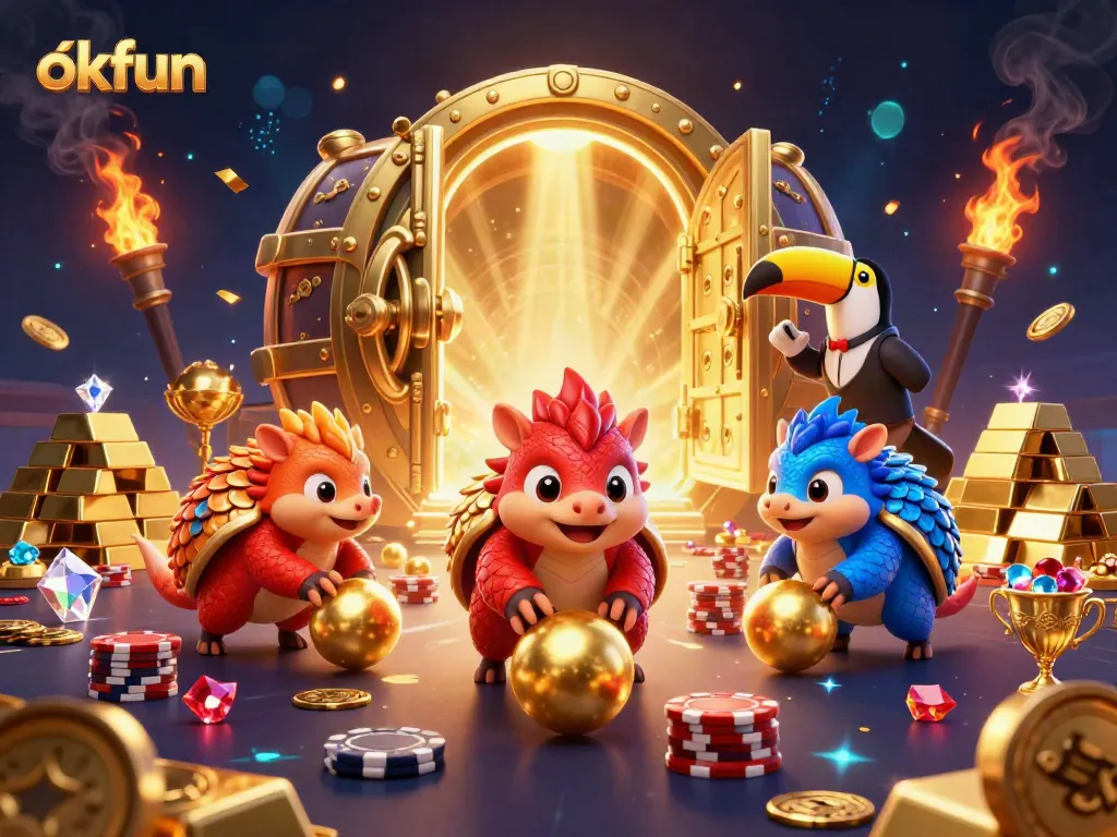 Engaging scene of okfun with rival pangolins in a lively casino game setting filled with vibrant treasures.