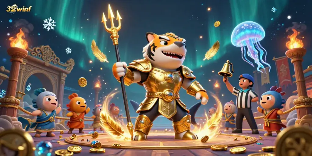 Engage with the gambling excitement at 32winf featuring a vibrant underwater battle scene.