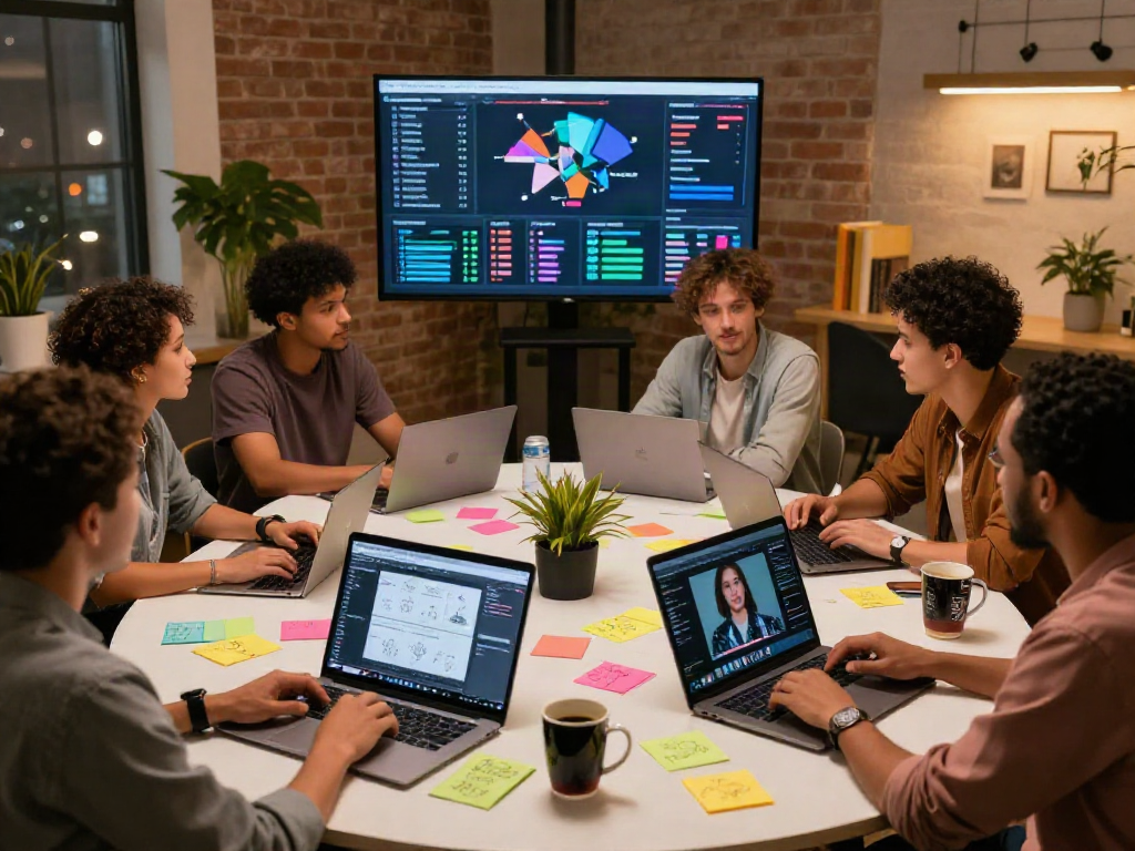 Content creators collaborating on 18+ ai projects in a modern studio.